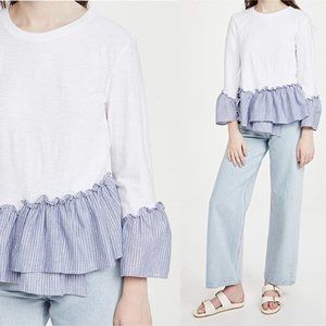 Cinq a Sept Kenny Top in White Multi Blue Chambray Ruffle Hem and Long Sleeves